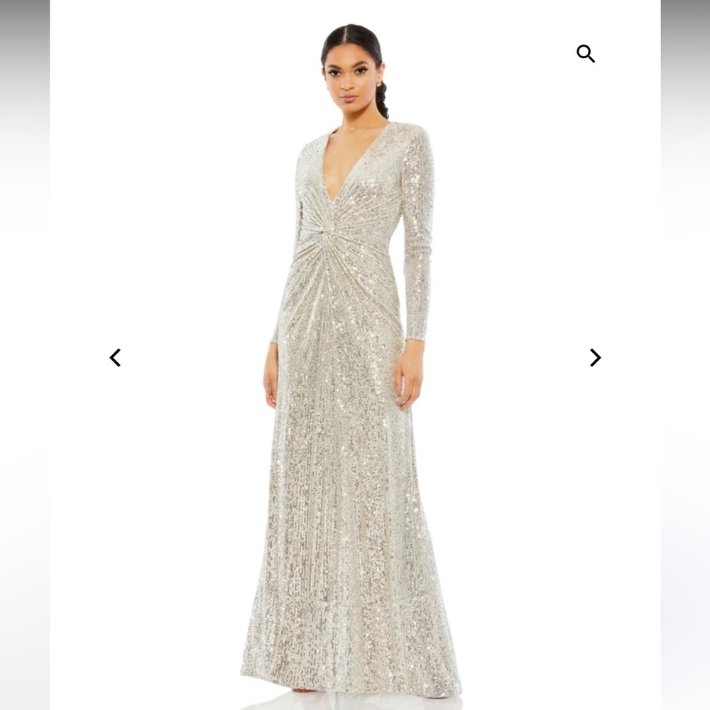 Mac Duggal Sequin Plunge V Neck Gown Silver Champagne Size 6